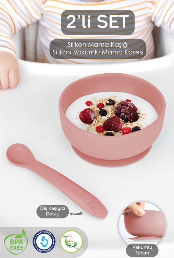 Meleni Baby Vakumlu Silikon Bebek Mama Kasesi - Vakum Tabanlı Kase - Silikon Diş Kaşıyıcı Kaşık - Pembe - Image 1