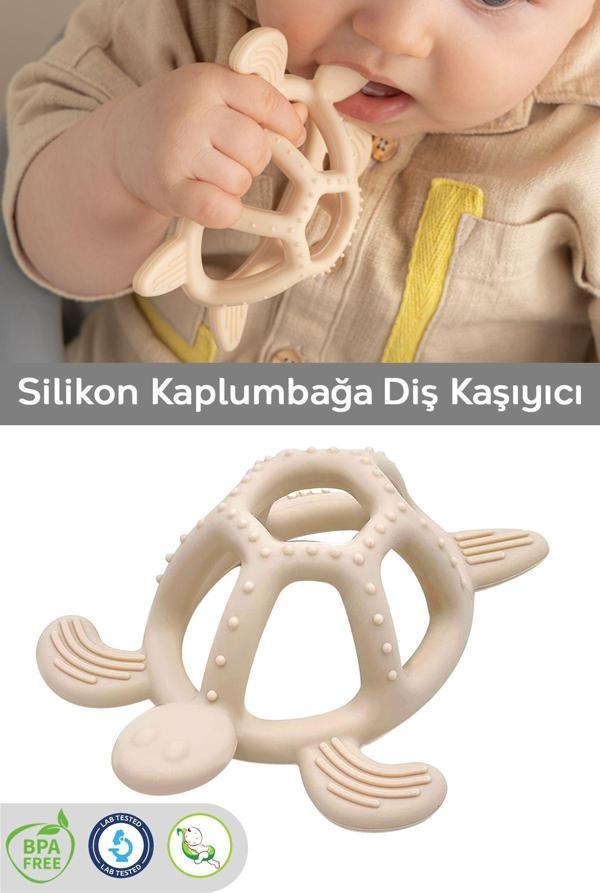 Meleni Baby Kaplumbağa Figürlü Bebek Dişlik - Diş Kaşıyıcı Bebek Dişliği - Bej - Image 1
