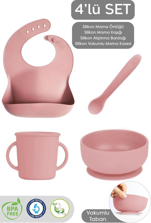 Meleni Baby 4'Lü Silikon Bebek Beslenme Seti- Vakumlu Kase - Mama Önlüğü - Kulplu Bardak - Kaşıyıcı Kaşık -Pembe - Image 1