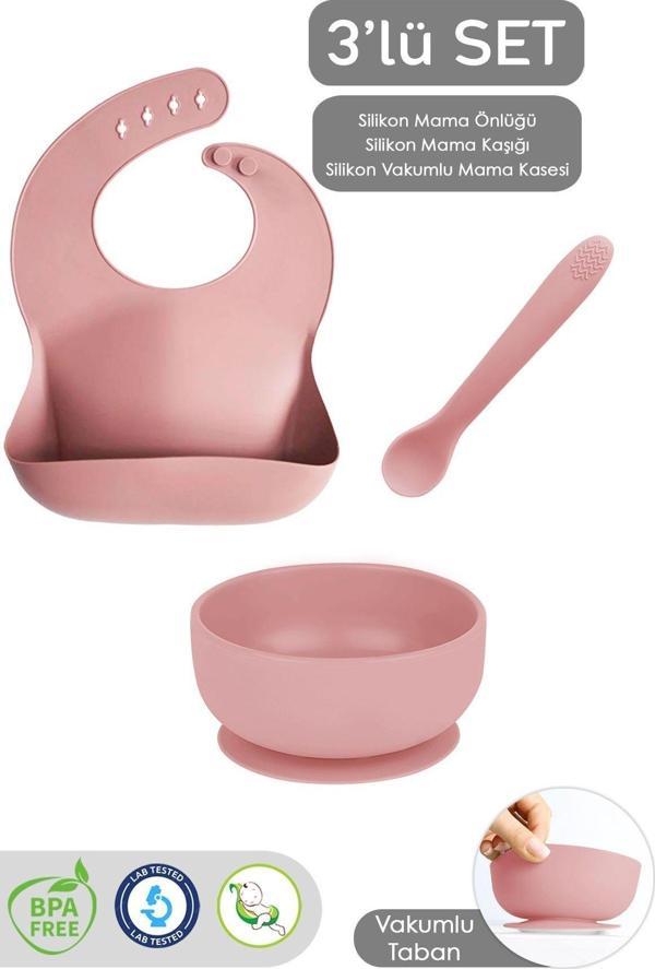 Meleni Baby 3'Lü Silikon Bebek Beslenme Seti - Vakumlu Mama Kasesi - Mama Önlüğü - Diş Kaşıyıcı Kaşık - Pembe - Image 1