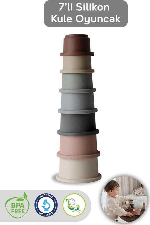 Meleni Baby 7 Parça Silikon Kule Oyuncak - Bebek Duyusal Eğitici Oyun Kulesi Aktivite Oyuncağı Renkli - Image 1