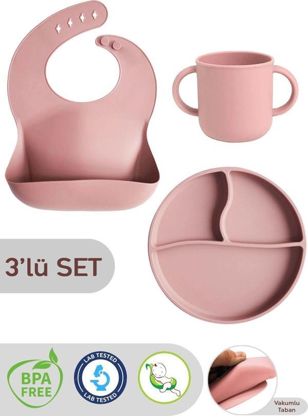 Meleni Baby 3'Lü Silikon Beslenme Seti - Silikon Mama Önlüğü, Kulplu Bardak, Vakumlu Tabak - Pembe - Image 1