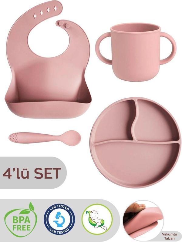 Meleni Baby 4'Lü Silikon Beslenme Seti - Mama Önlüğü, Mama Kaşığı, Kulplu Bardak, Vakumlu Tabak, Pembe - Image 1