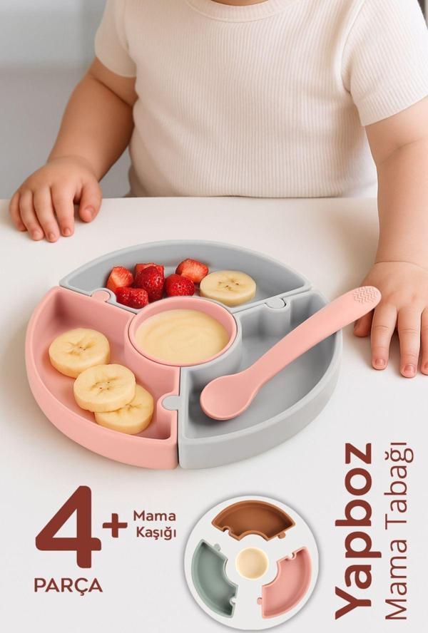 Meleni Baby Puzzle Mama Tabağı Kaşık Seti - Silikon Vakum Tabanlı Yapboz Mama Tabağı Silikon Kaşık - Gri Pembe - Image 1