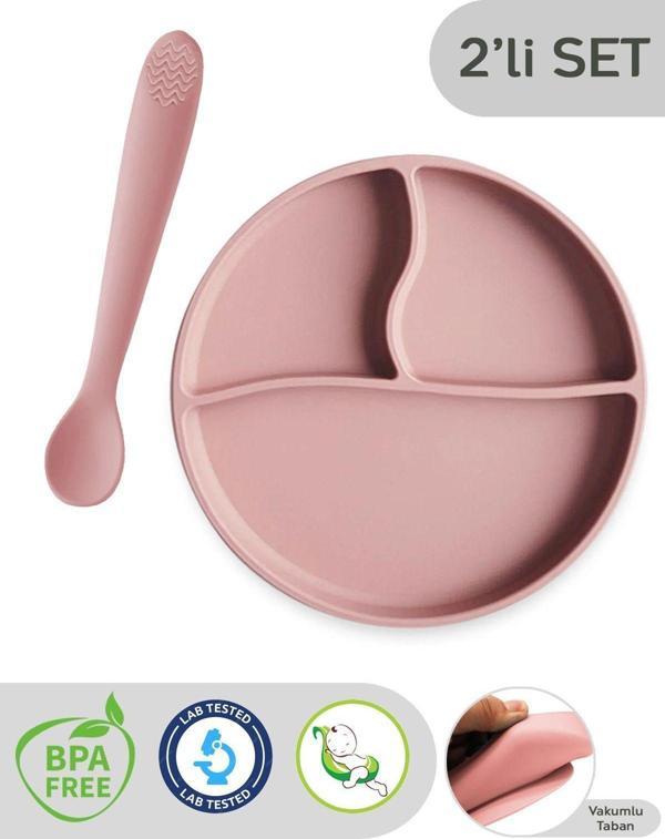 Meleni Baby 2'Li Silikon Bebek Beslenme Seti - Vakumlu Tabak, Diş Kaşıyıcılı Silikon Kaşık - Pembe - Image 1