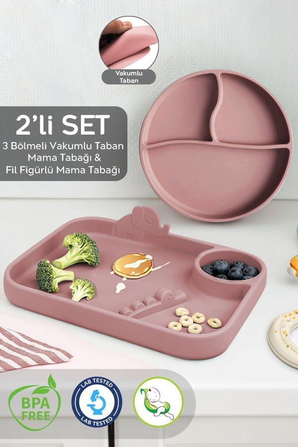 Meleni Baby 2'Li Bebek Silikon Beslenme Seti, Vakumlu Tabak, 3 Bölmeli Silikon Tabak Seti - Pembe - Image 1