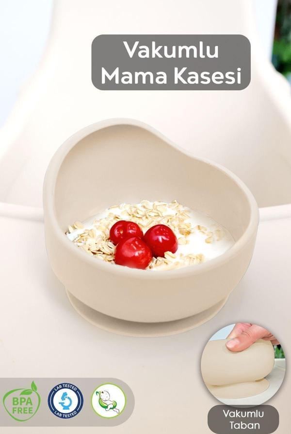 Meleni Baby Vakum Tabanlı Bebek Mama Kasesi - Vakumlu Oval Silikon Kase - Bej - Image 1