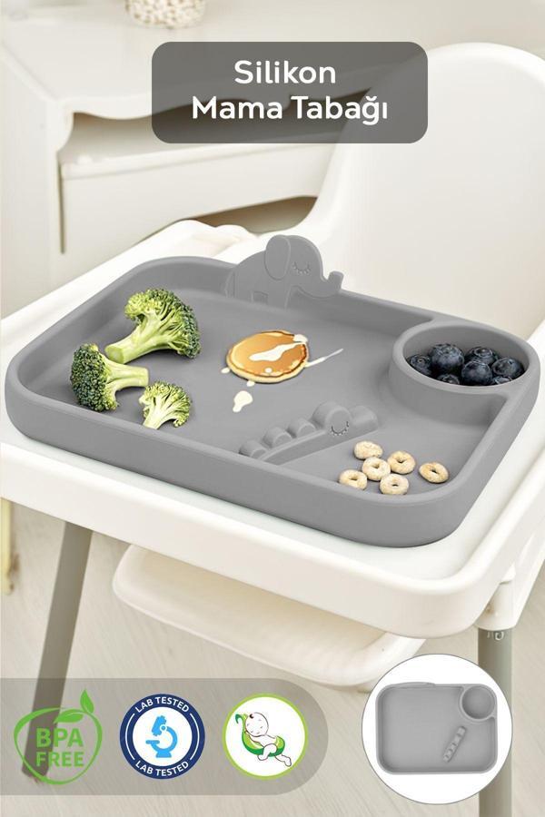 Meleni Baby Silikon 3 Bölmeli Bebek Beslenme Tabağı - Silikon Tabak - Silikon Beslenme Aksesuarı - Gri - Image 1