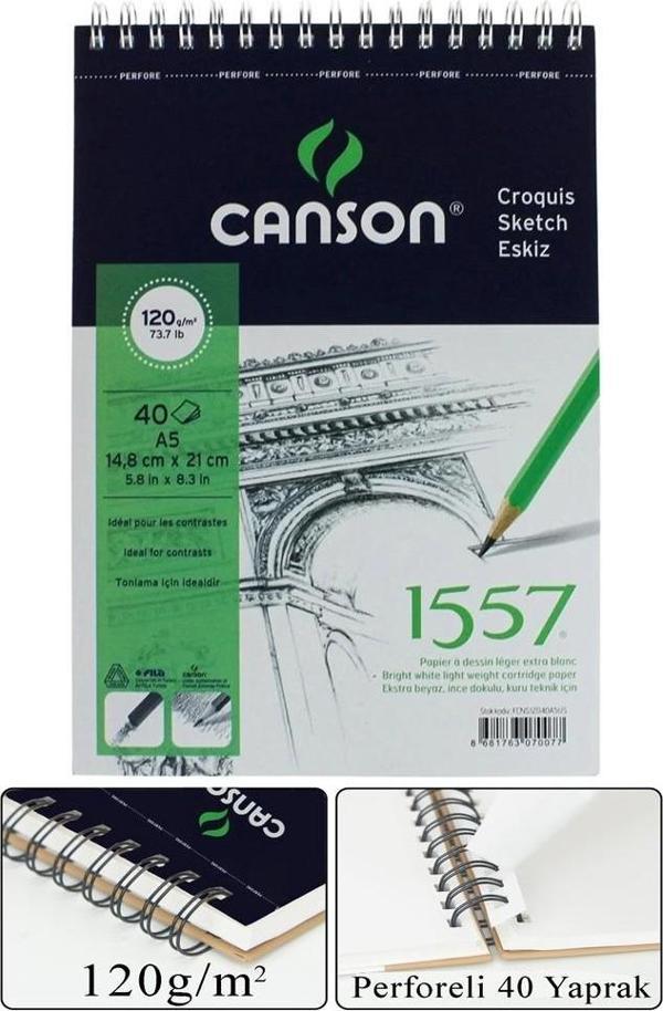 Telli Eskiz Defteri Canson 1557 A5 Spiralli 40 Yaprak 1 Adet 120 gr 148x210 mm Üstten Açılmalı Karakalem Sketch Book - Image 1