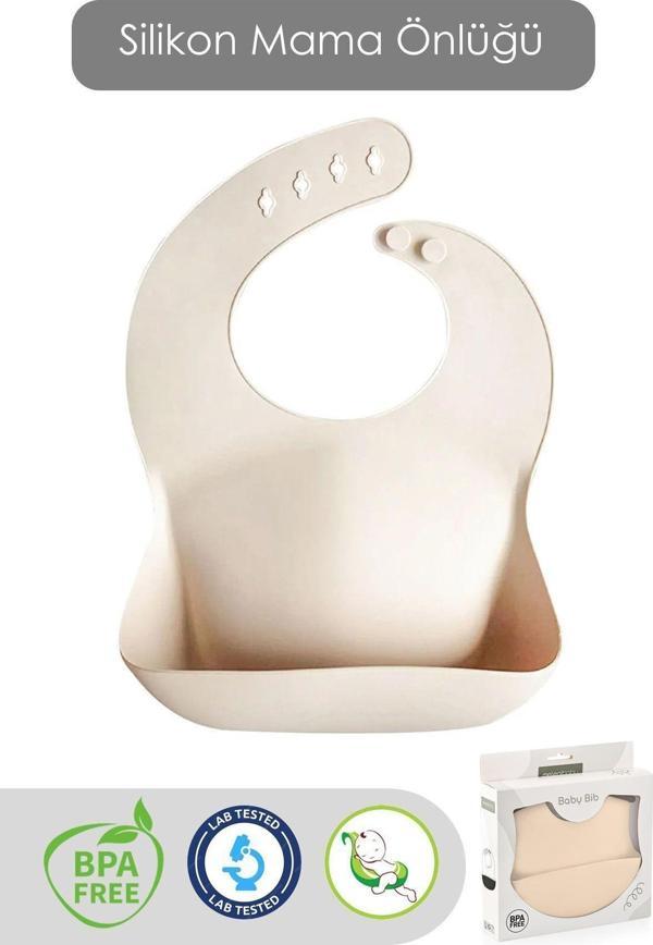 Meleni Baby Mega Boy Silikon Mama Önlüğü - Çift Kilitli Ayarlanabilir Bebek Mama Önlüğü - Bej - Image 1