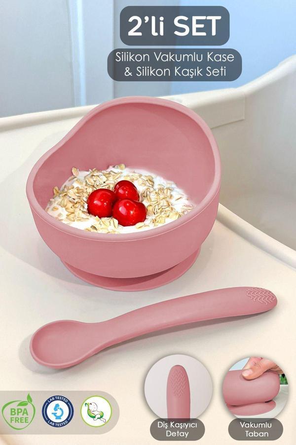 Meleni Baby 2'Li Silikon Bebek Beslenme Seti - Vakumlu Mama Kasesi - Diş Kaşıyıcı Silikon Kaşık - Pembe - Image 1