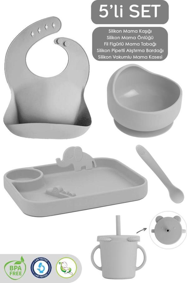 Meleni Baby 5'Li Silikon Beslenme Seti - Bebek Mama Önlüğü - Tabak - Vakumlu Kase - Pipetli Bardak - Kaşık-Gri - Image 1
