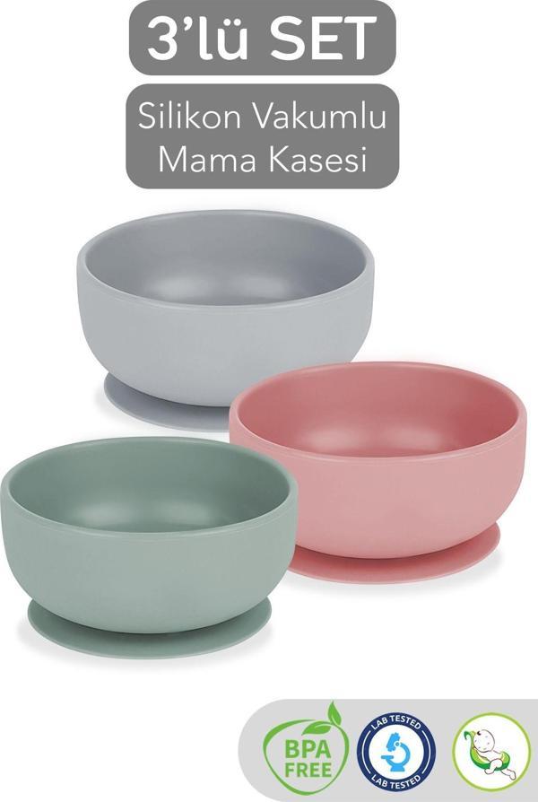 Meleni Baby 3'Lü Silikon Vakumlu Bebek Mama Kasesi Seti - Vakum Tabanlı Set Kase - Gri-Yeşil-Pembe - Image 1