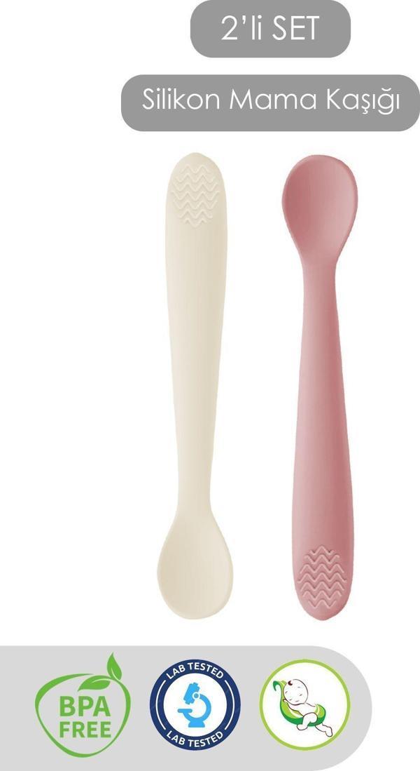 Meleni Baby 2'Li Diş Kaşıyıcı Bebek Mama Kaşığı - Silikon Mama Kaşığı - Pembe, Bej - Image 1