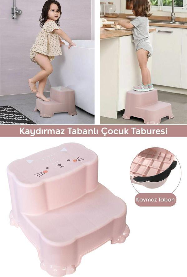 Meleni Baby Kaydırmaz Çocuk Taburesi - Çift Basamaklı Banyo Lavabo Merdiven Yükseltici Bebek Basamağı Pembe - Image 1