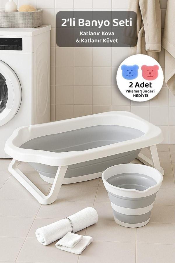 Meleni Baby 2'Li Set Katlanır Bebek Banyo Seti - Katlanabilir Bebek Küveti, Su Kovası Seti - Gri - Image 1