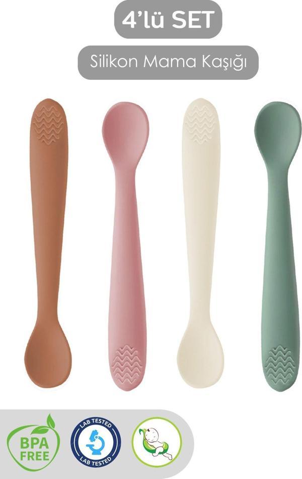 Meleni Baby 4'Lü Silikon Mama Kaşığı - Diş Kaşıyıcı Bebek Beslenme Kaşığı Silikon Kaşık Kahve, Pembe, Bej, Yeşil - Image 1