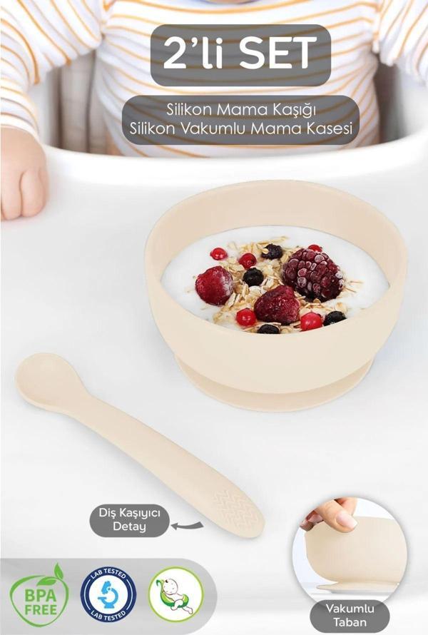 Meleni Baby Vakumlu Silikon Bebek Mama Kasesi - Vakum Tabanlı Silikon Kase - Silikon Diş Kaşıyıcı Kaşık - Bej - Image 1