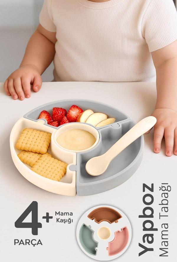 Meleni Baby Puzzle Mama Tabağı Kaşık Seti - Silikon Vakum Tabanlı Yapboz Mama Tabağı Silikon Kaşık - Gri Bej - Image 1
