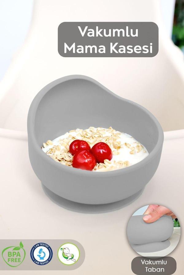 Meleni Baby Vakum Tabanlı Bebek Mama Kasesi - Vakumlu Oval Silikon Kase - Gri - Image 1