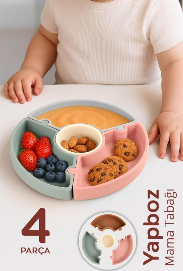 Meleni Baby Vakumlu Silikon Puzzle Mama Tabağı - Vakum Tabanlı 4 Bölmeli Bebek Yapboz Mama Tabağı - Image 1