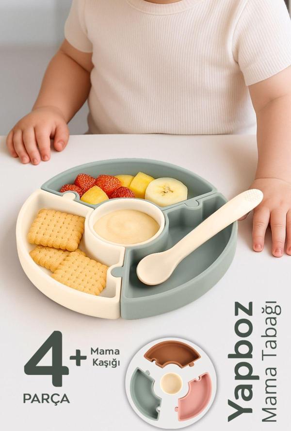 Meleni Baby Puzzle Mama Tabağı Kaşık Seti - Silikon Vakum Tabanlı Yapboz Mama Tabağı Silikon Kaşık - Yeşil Bej - Image 1