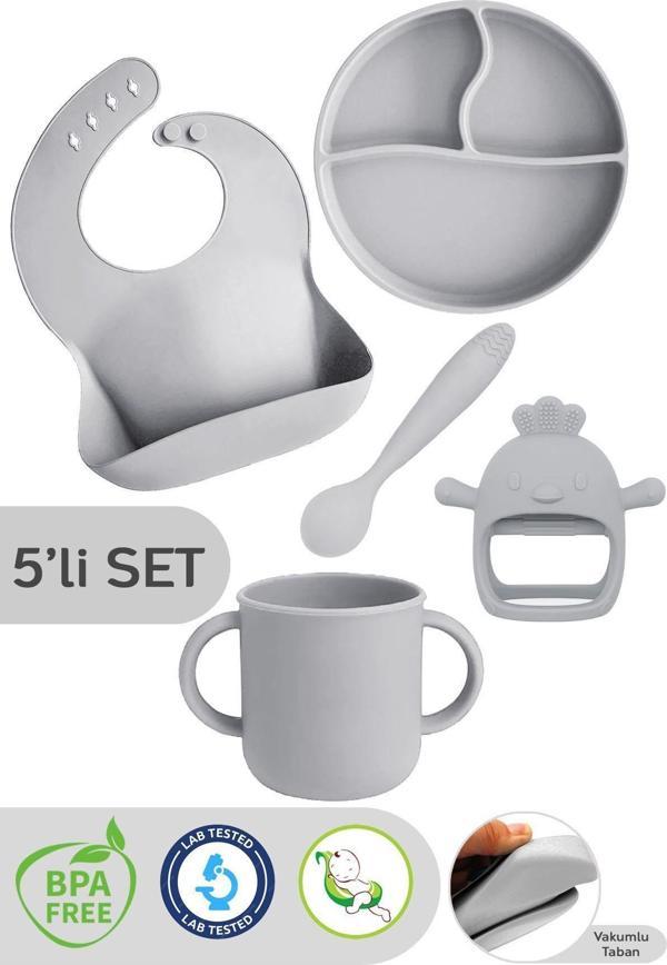 Meleni Baby 5'Li Set Silikon Mama Önlüğü, Kulplu Bardak, Vakumlu Tabak, Mama Kaşığı, Diş Kaşıyıcı, Gri - Image 1