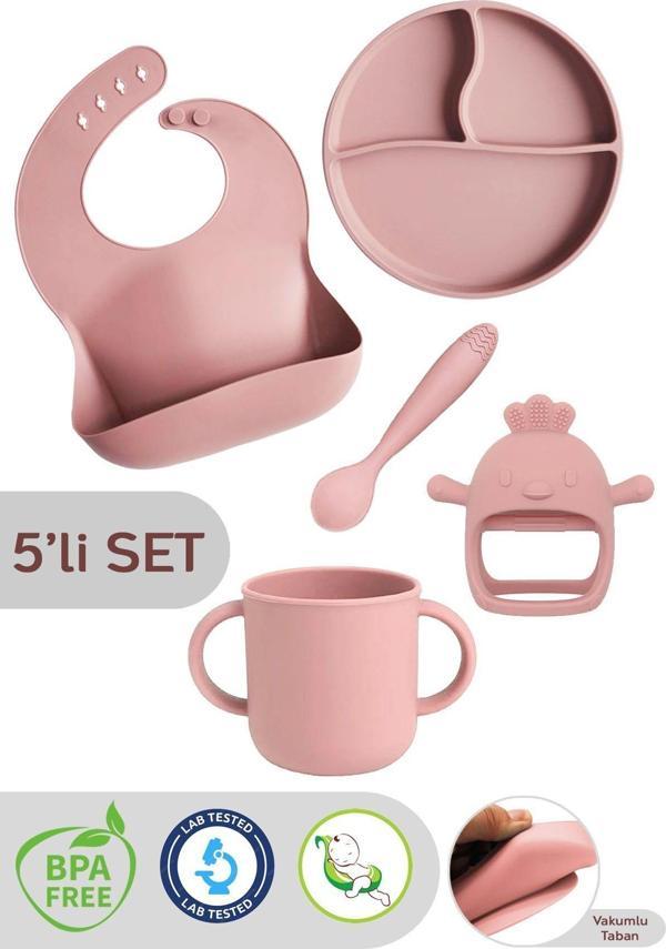 Meleni Baby 5'Li Set Silikon Mama Önlüğü, Kulplu Bardak, Vakumlu Tabak, Mama Kaşığı,Diş Kaşıyıcı,Pembe - Image 1