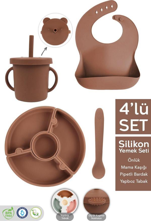 Meleni Baby 4'Lü Silikon Beslenme Seti - Yapboz Puzzle Mama Tabağı Önlük Pipetli Bardak Diş Kaşıyıcı Kaşık Kahve - Image 1
