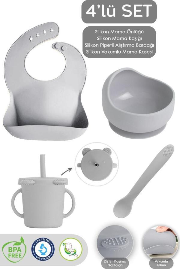 Meleni Baby 4'Lü Silikon Beslenme Seti - Mama Önlüğü - Vakumlu Mama Kasesi - Pipetli Bardak - Kaşık - Gri - Image 1