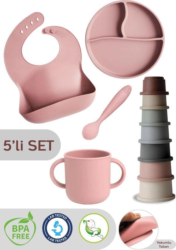 Meleni Baby 5'Li Set Silikon Mama Önlüğü, Bardak, Vakumlu Tabak, Kaşık, Kule Aktivite Oyuncağı - Pembe - Image 1