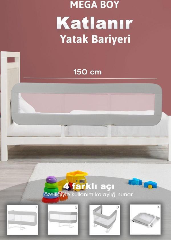 Meleni Baby 150X42 Cm Katlanır Bebek Yatak Bariyeri - Koruyucu Baza Korkuluğu Koruma Güvenlik Bariyeri Gri - Image 1