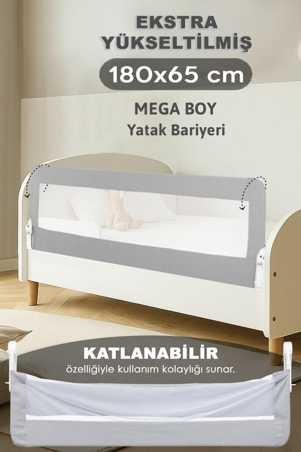 Meleni Baby 180X65 Cm Katlanır Bebek Yatak Bariyeri - Mega Boy Koruma Bariyeri Koruyucu Baza Korkuluğu Gri - Image 1