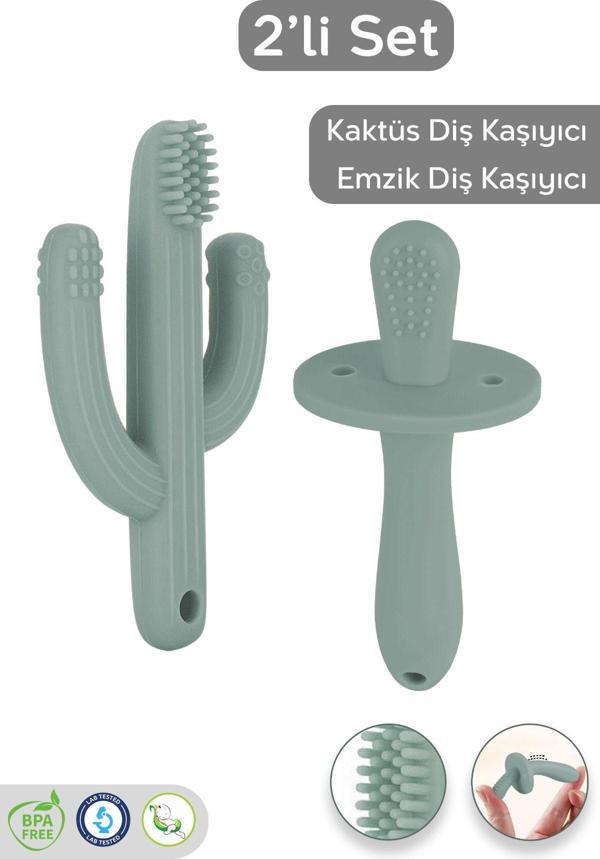 Meleni Baby 2'Li Bebek Diş Kaşıyıcı Seti - Silikon Diş Kaşıma Emziği, Kaktüs Silikon Diş Kaşıyıcı - Yeşil - Image 1