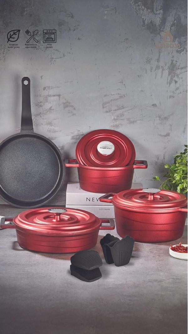 Amboss 7 Parça Copper Döküm Tencere Seti (Kırmızı) - Image 1
