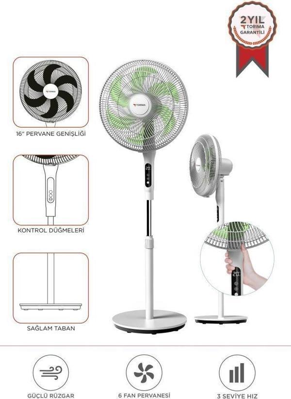 Torima SF-05 Beyaz Ayaklı 50W 3 Kademe 6 Pervaneli 16'' İnc Kumandalı Diğital Ekranlı Vantilatör Fan - Image 1