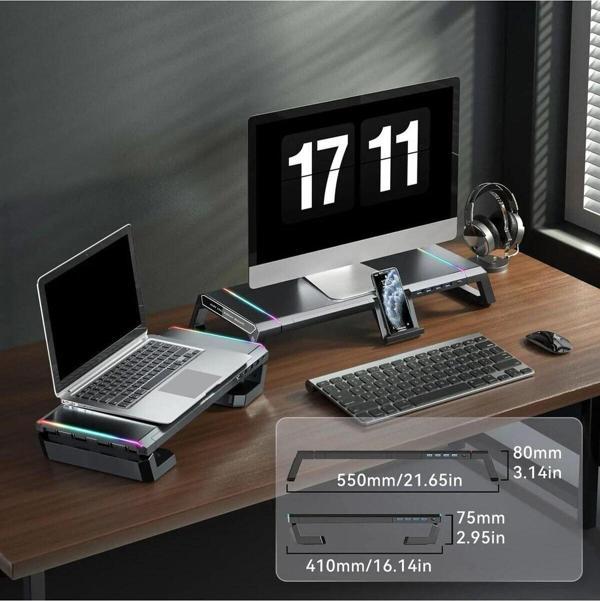 Bilgisayar Monitör Yükseltici Laptop Sehpası RGB 4 USB Hub Yükseklik Ayarlı Monitör Standı - Image 1