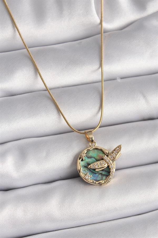 316L Çelik Gold Renk Zincir Zirkon Taşlı Yusufçuk Model Kadın Kolye - Image 1