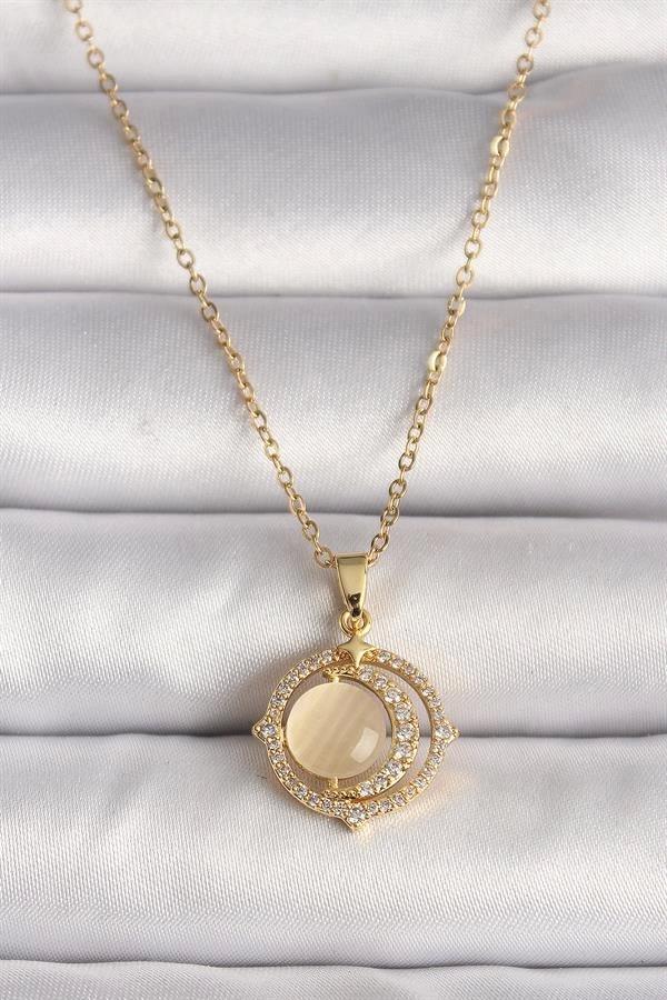 316L Çelik Gold Renk Zirkon Taşlı Sarı Sedefli Hilal Model Kadın Kolye - Image 1