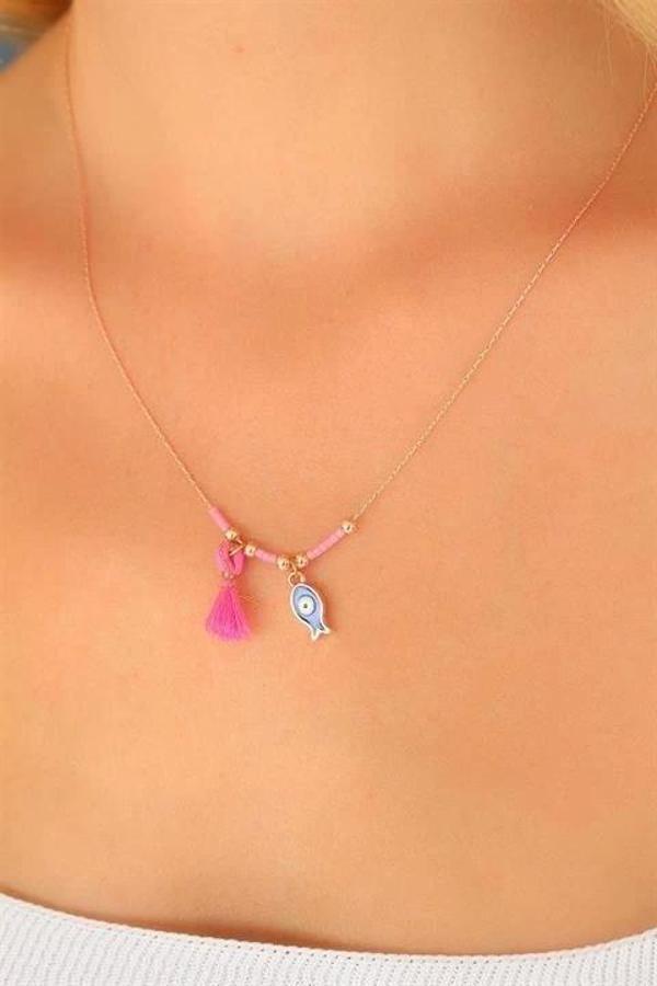 Nazar Boncuklu Pembe Renk Taşlı Rose Bayan Kolye - Image 1