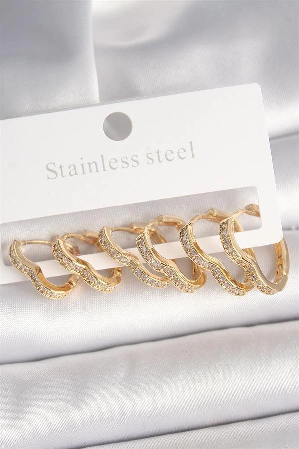 Pirinç Gold Renk Zirkon Taşlı 3 Çift Kalp Model Kadın Küpe - Image 1