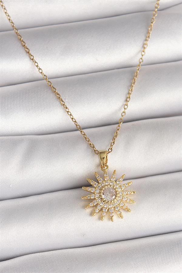 316L Çelik Gold Renk Zincir Zirkon Taşlı Güneş Model Kadın Kolye - Image 1