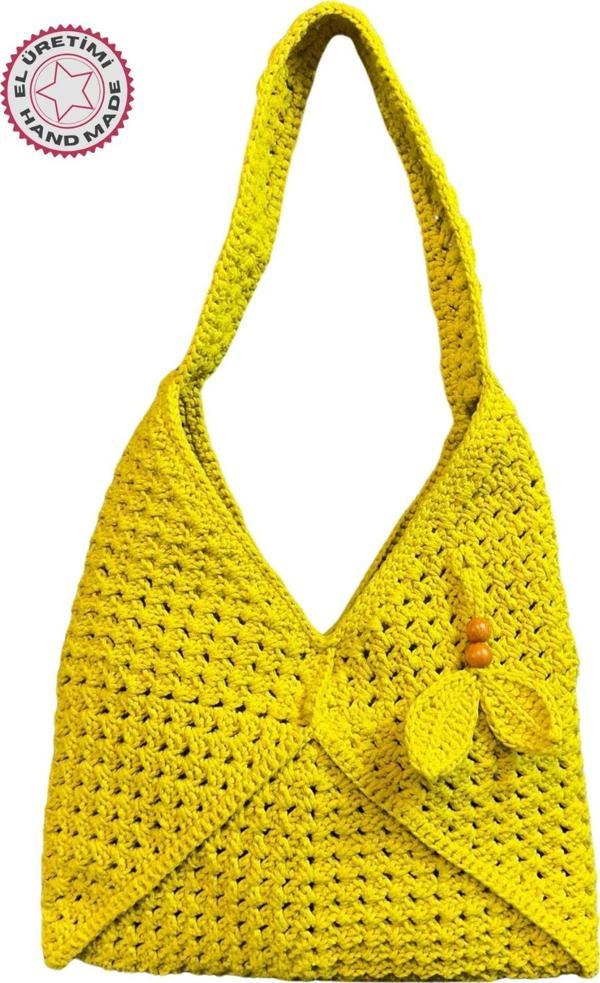 Uretti - Emine 9106 8528 El Örgüsü Ahşap Boncuk Detaylı Omuz Çantası  - Limon Sarısı - Image 1