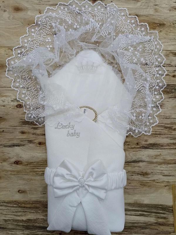 Yenidoğan Sahra Taç Lucky Baby Nakışlı Kumru Kundak Bebek Battaniyesi Ekru - Image 1