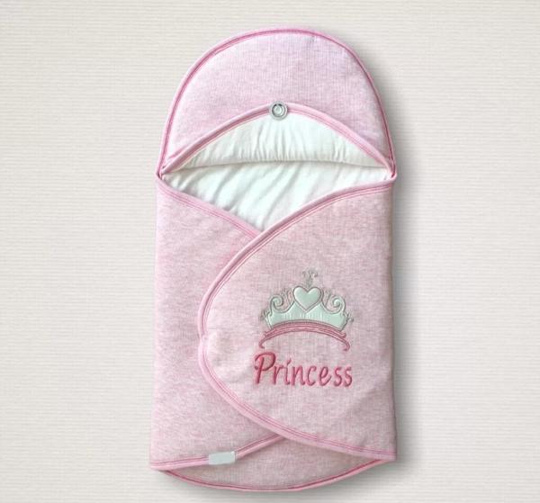 Yenidoğan Princess Nakışlı Çizgi Efektli Kız Bebek Klasik Kundak Bebek Battaniyesi Pembe - Image 1