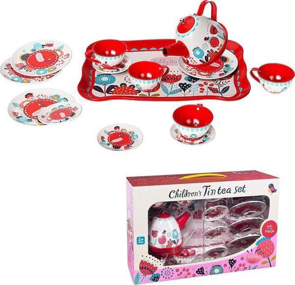 Evcilik Oyun Seti 15 Parça Çiçek Desenli Metal Çay Seti Oyuncak Fincan Seti - Image 1