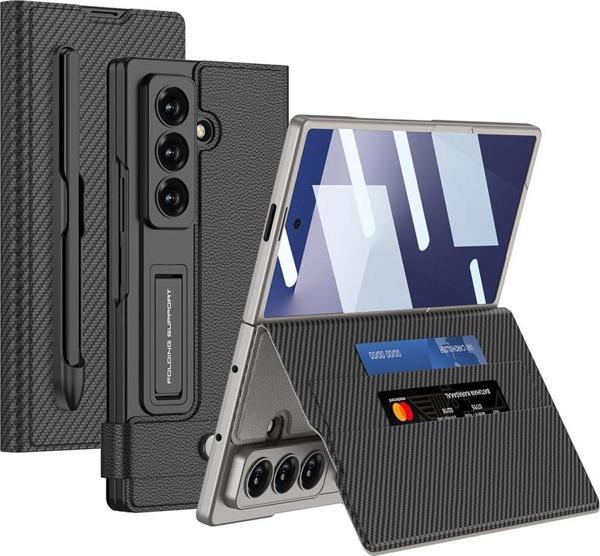 Galaxy Z Fold 7 Suni Deri Tasarımlı Kalem Bölmeli Kıpta Kartlıklı Standlı Kapak - Image 1