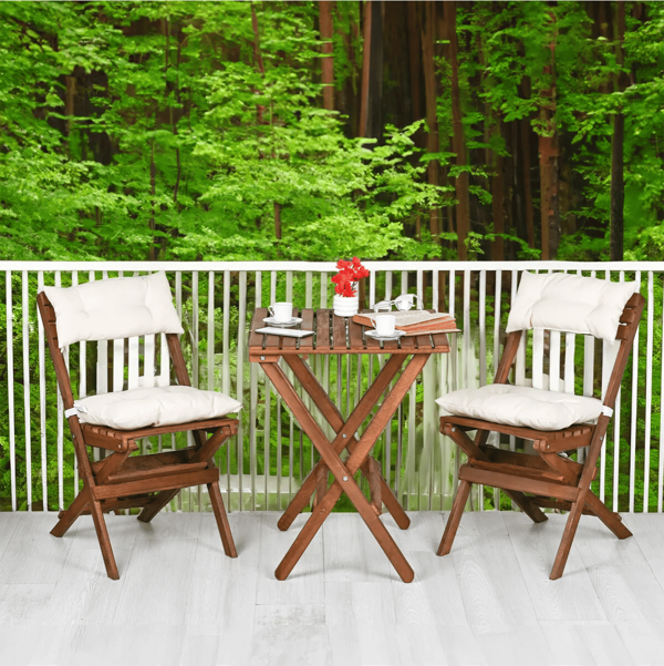 Reyo Ahşap Katlanır Minderli 3'lü Bistro Set Mutfak Balkon Bahçe Masa Sandalye Seti Ceviz Krem - Image 1