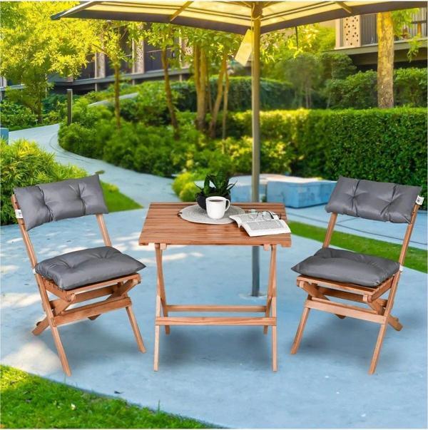 Reyo Ahşap Katlanır Puf Minderli 3'lü Bistro Set Bahçe Takımı Naturel Gri - Image 1