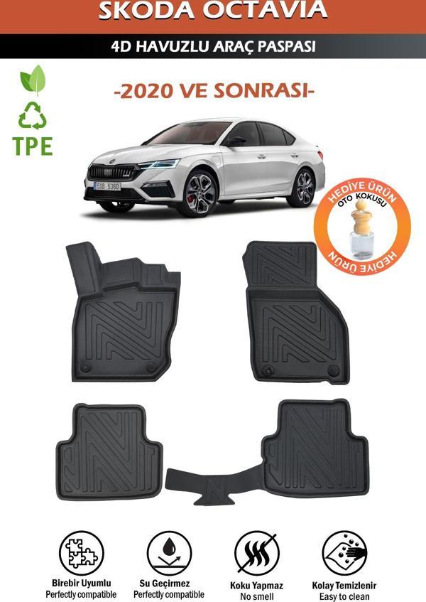 Havuzlu 4d Siyah Paspas Takımı,Skoda-Octavıa 2020 Ve Sonrası 4d Havuzlu Paspas+Araç Kokusu Hediye - Image 1
